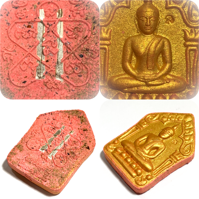 Khun Phaen Plai Kuman La Sankharn Edition 2558 BE Pink Powders 2 Silver Takrut Sariga in rear Face, Blessed on the 40th Anniversary of Luang Phu Tim's Passing Away at the Temple of Wat Lahan Rai - this item comes with silver plated casing included